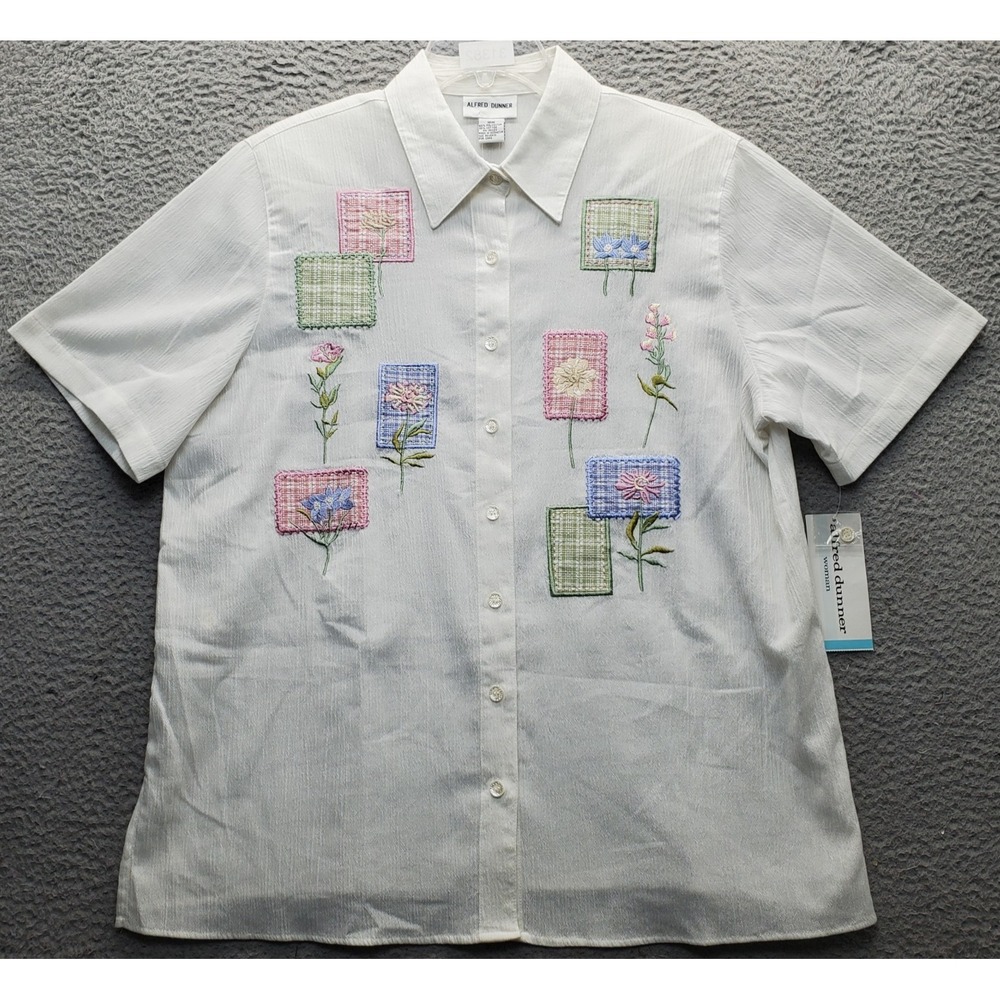 Alfred Dunner Shirt Womens 16W White Patchwork Floral Shoulder Pads Button-Up